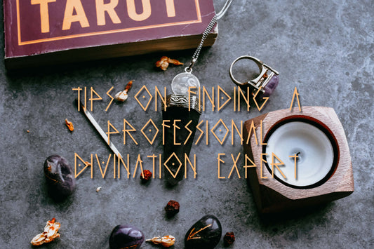 A photo of a pendulum, tea light, crystals, and tarot books with the words "Tips on Finding a Professional Divination Expert" written across it. 