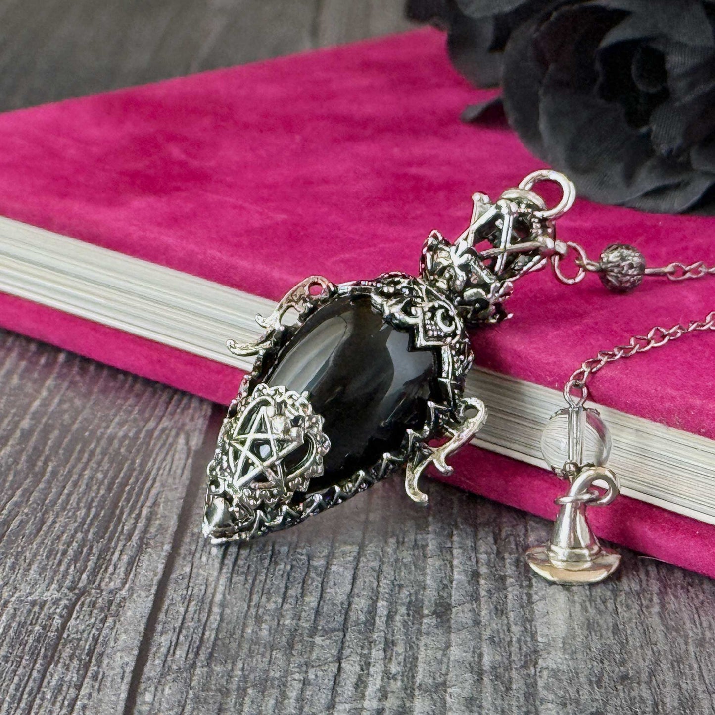 Ornate Dowsing Pendulum: Large Gemstone with Antique Silver Findings