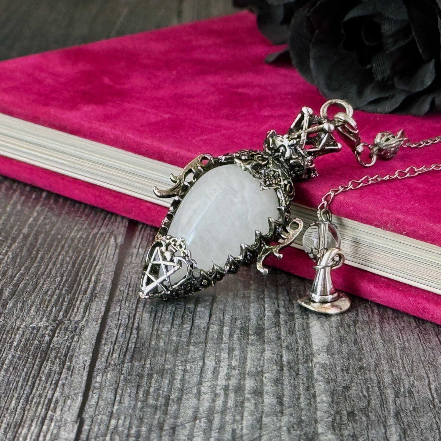 Ornate Dowsing Pendulum: Large Gemstone with Antique Silver Findings